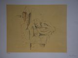 pencil drawing of a woman leaning against a wall with her arm resting on a chair
