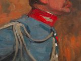 an oil painting of a man in a blue uniform with a red collar