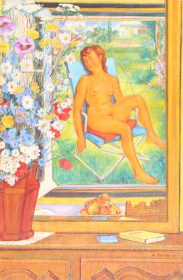 Alcide BRASSEUR (Xxe siècle), Femme nue au bain de soleil, h…
