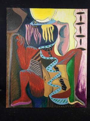 une peinture à l'huile représentant une femme assise sur une chaise avec une guitare
