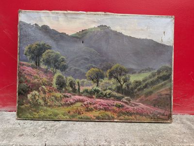 une peinture à l'huile représentant un paysage de montagne sur un mur rouge