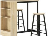 two stools and a table in a room with a bookcase