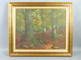 an oil painting of a forest scene with trees and leaves