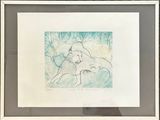 painting of a dog and a cat in a frame on a table