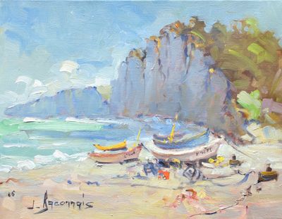 a painting of a beach scene with boats on the shore