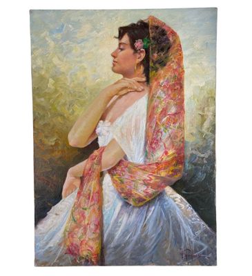 un tableau représentant une femme en robe blanche avec un châle rose
