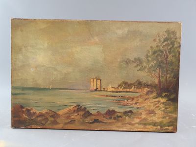 an oil painting of a castle on the shore of a lake