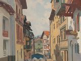 a painting of a horse drawn carriage on a narrow street