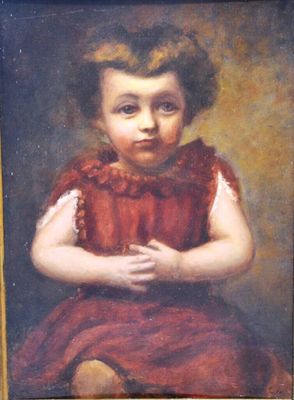 tableau représentant une petite fille en robe rouge assise sur une chaise