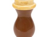 un vase brun et jaune avec un couvercle noir