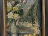 an oil painting of a vase of flowers and lemons on a table
