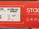 a red box with a barcode on it sitting on a shelf