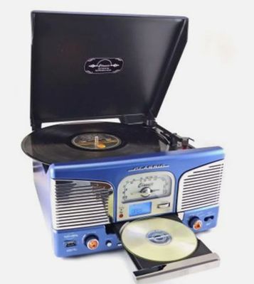 un tourne-disque bleu avec un CD posé devant