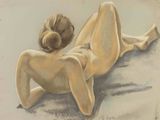 tableau représentant une femme nue allongée sur le dos, à même le sol