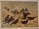 tableau représentant une volée d'oiseaux dans un champ, avec un arbre mort en arrière-plan