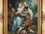 an oil painting of two women and a dog in a wooded setting