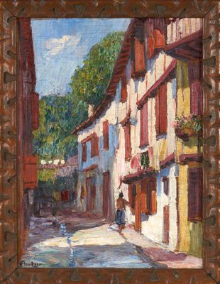 an oil painting of a woman walking down a street in front of a building