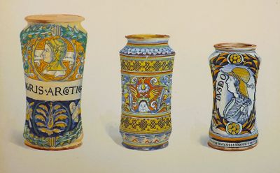 three vases that are painted in different colors