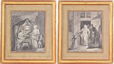 deux reproductions encadrées représentant un homme et une femme assis sur une chaise