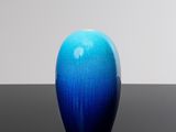 a blue apple that is sitting on a black table