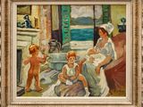 un tableau représentant une femme tenant un bébé dans ses bras et deux enfants
