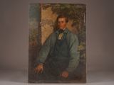 painting of a man in a blue shirt and bow tie sitting in front of a stone wall