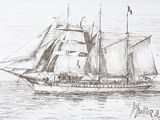 drawing of a sailboat in the water with a flag on it