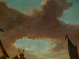 a painting of boats in a body of water with a cloudy sky in the background