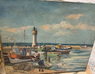 a picture of a painting of a lighthouse in the water