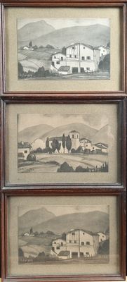 three framed pictures of a farm scene in a wooden frame