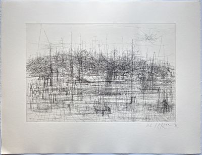 an image of a black and white drawing of trees in a field