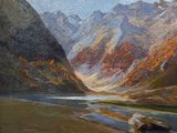 une peinture à l'huile représentant une scène de montagne avec une rivière au premier plan