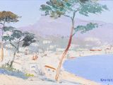 painting of a painting of a beach scene with people on the sand
