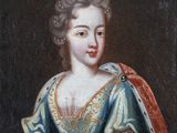 un tableau représentant une femme en robe bleue, coiffée d'une couronne