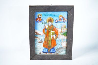 painting of a man holding a cross in a frame on a white background