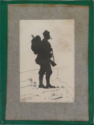 tableau représentant un homme muni d'un fusil et d'un sac à dos, debout dans un champ