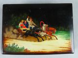 a picture of a painting of a man riding a horse drawn carriage
