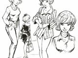 a black and white drawing of three women standing next to each other