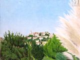 un tableau représentant une vue d'une ville vue de loin