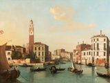 a painting of a view of a canal with boats in it