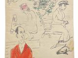 dessin représentant un homme assis sur un banc à côté d'un autre homme