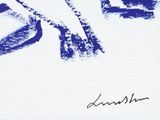 a blue and white drawing of a person on a surfboard