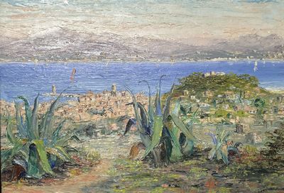 a painting of a view of a beach and a body of water