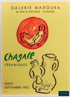 a yellow poster with a drawing of a woman and a vase