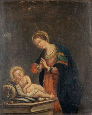 an old painting of a woman holding a baby in her lap
