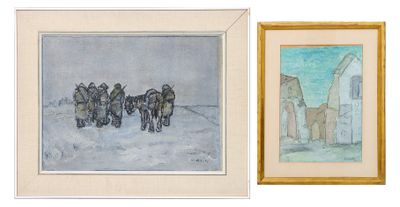 two paintings of horses pulling a carriage in a snowy landscape