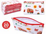 lot de 20 trousses de toilette rouges et blanches ornées d'une illustration représentant un bus et un soleil