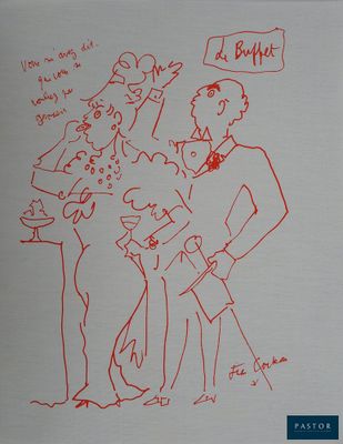 dessin représentant un homme et une femme debout l'un à côté de l'autre avec un chien