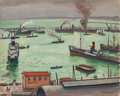 painting of boats in a harbor with smoke coming out of the sky