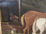 a painting of a horse and a horse in a barn